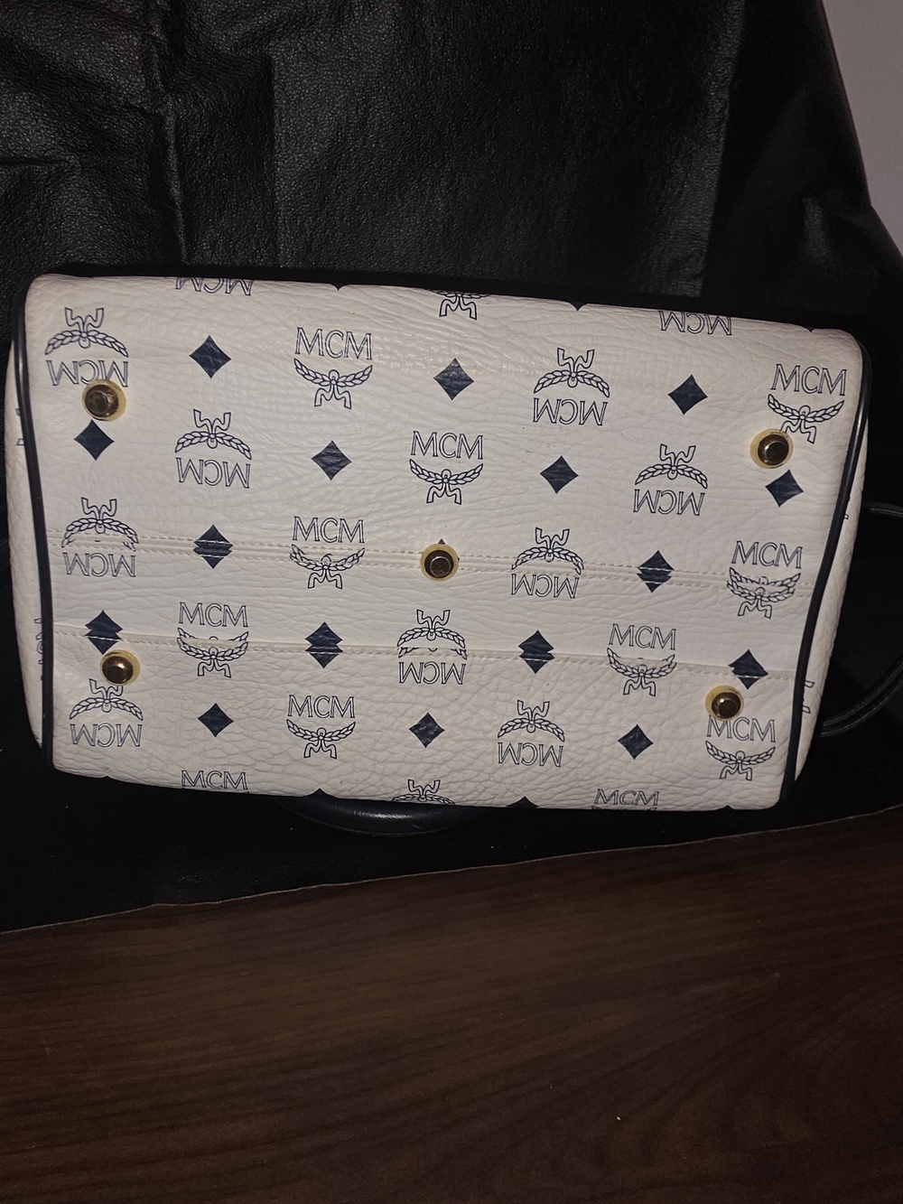 MCM White & Blue Visetos Boston Bag with Gold Hardware - Picture 12 of 16